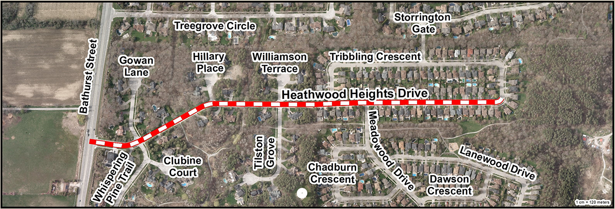 Satellite street view of Heathwood Heights Drive with a red dotten line marker, along with surrounding streets and Bathurst Street on the left