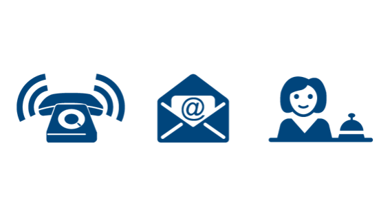 Graphic of telephone, letter mail and person